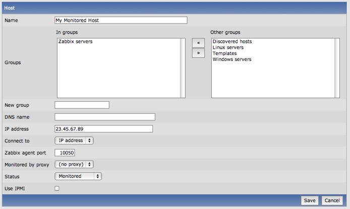 Zabbix add host screen.