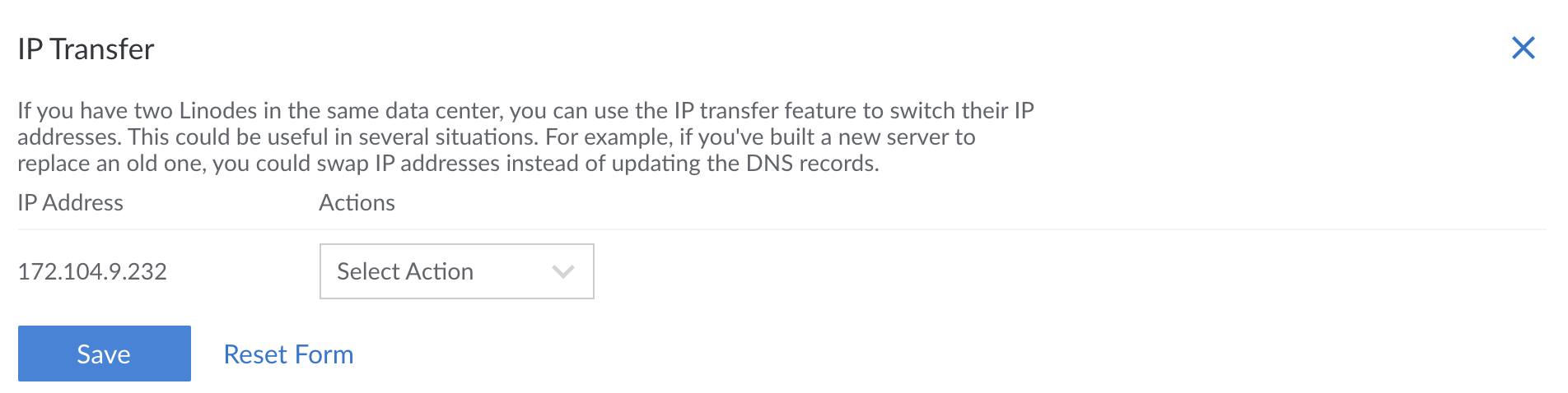 The IP Transfer menu in the Cloud Manger