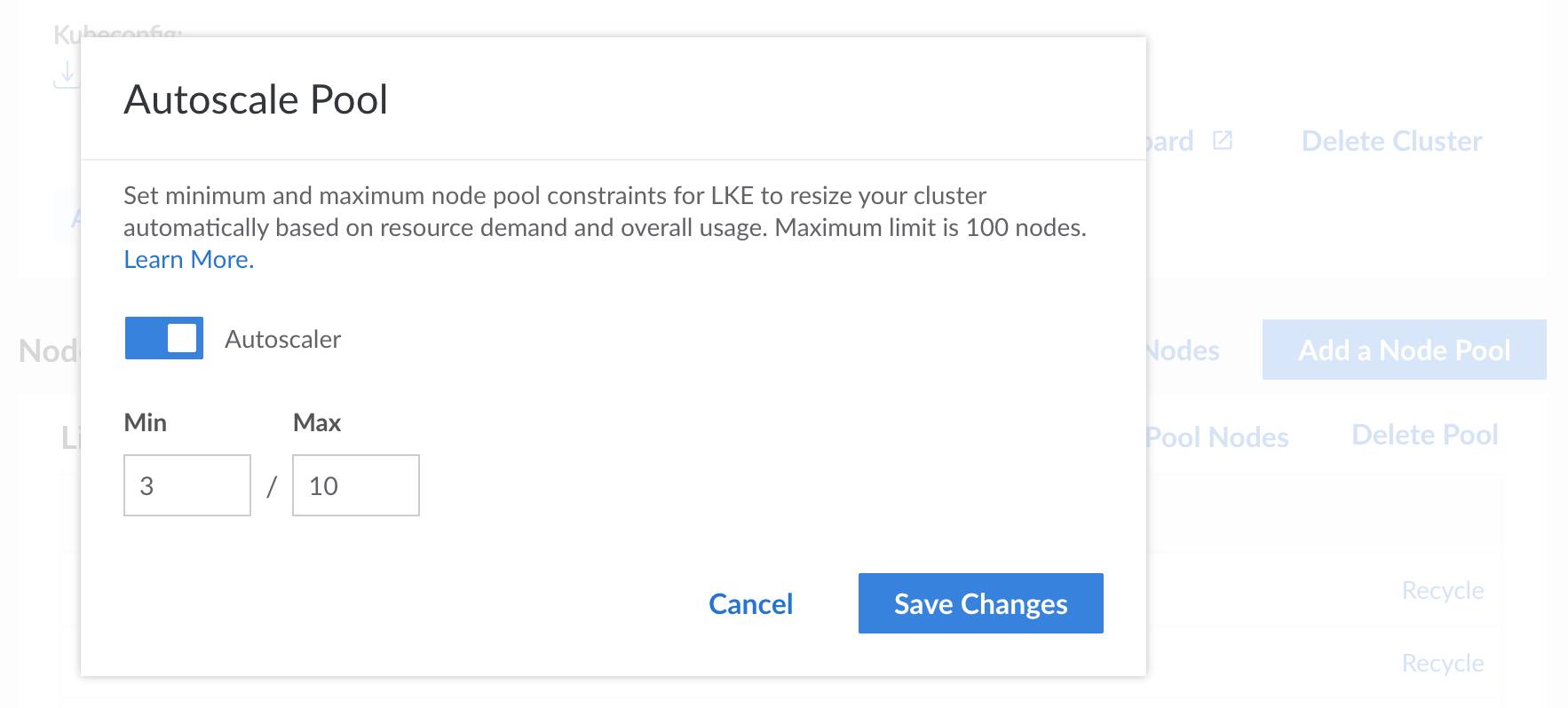 Screenshot of the Autoscale Pool menu in Cloud Manager